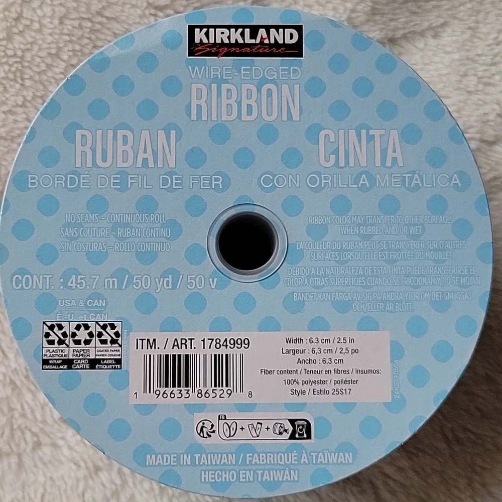 New Kirkland Signature Wire-edge Ribbon - Red and Blue Design - 50 yrds x 2.5 in